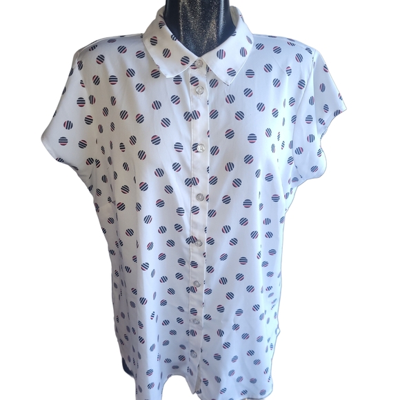 Claire France White Circle Patterned Short Sleeve Blouse 18 - Picture 1 of 6
